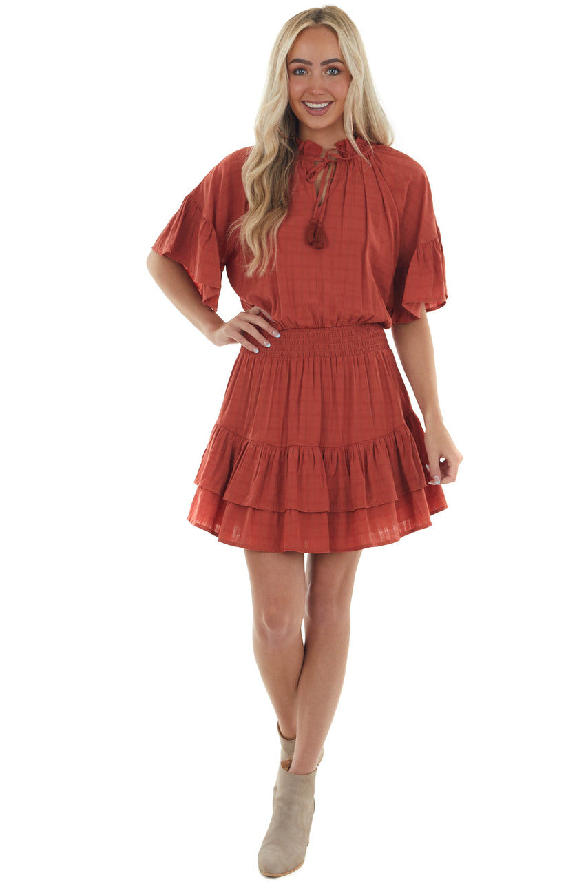 Brick Linen Ruffle Dress with Notch Neckline 