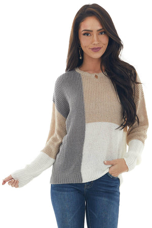 Beige Colorblock Long Sleeve Knit Sweater 