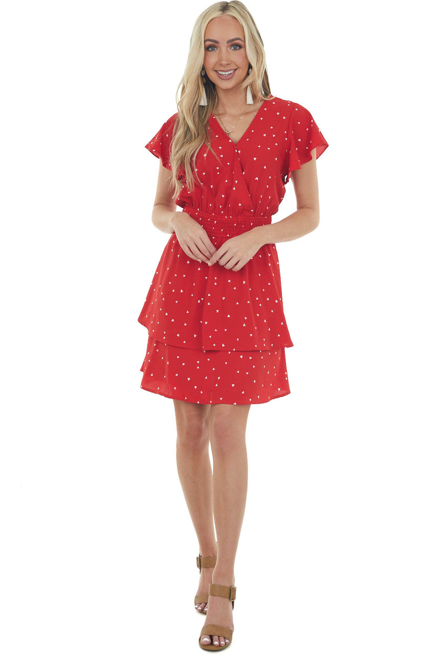 Lipstick Red Heart Print Surplice Short Dress 