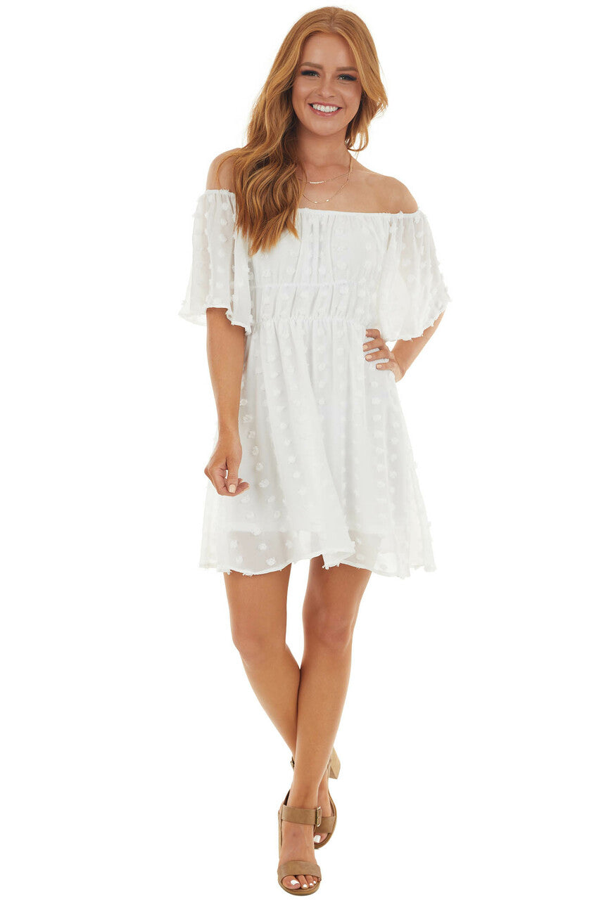 Pearl Off Shoulder Swiss Dot Woven Short Dress