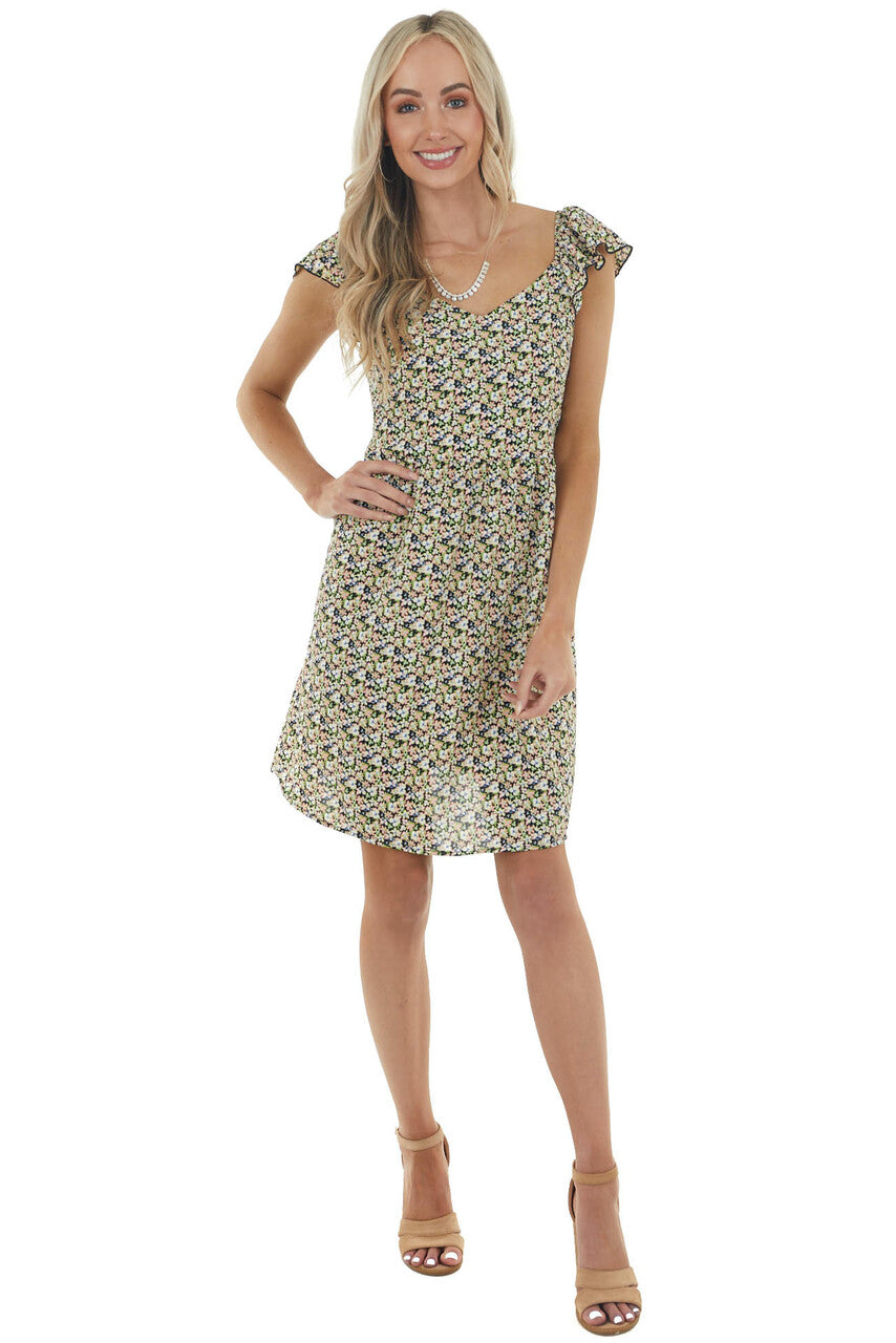 Black Ditsy Floral Short Dress with Back Smocked Detail