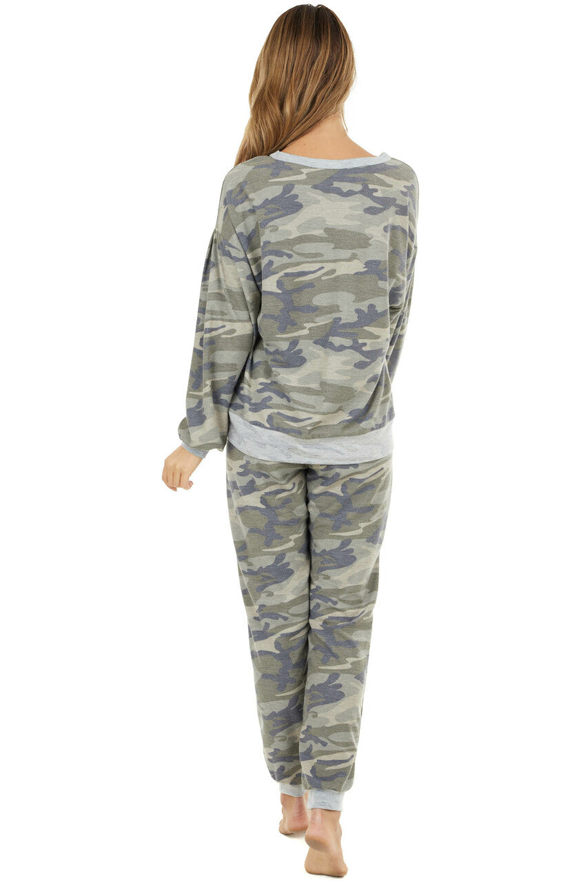 Sage Green Camo Long Sleeve Knit Top with Dove Details