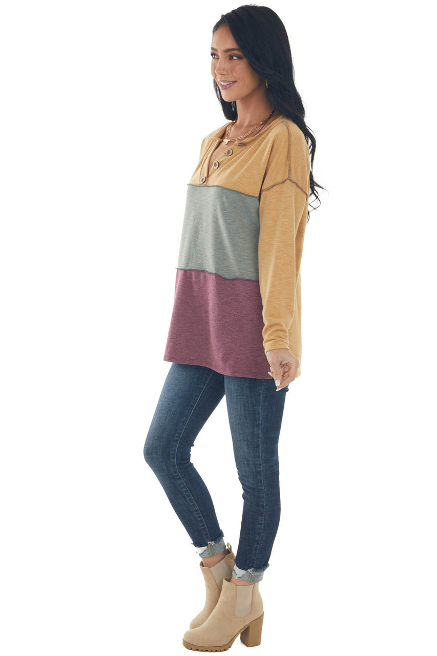 Amber and Berry Colorblock Henley Knit Top 