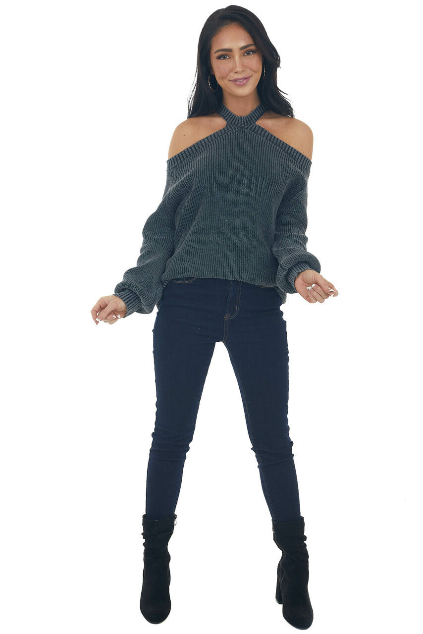 Charcoal Mineral Washed Cold Shoulder Sweater 