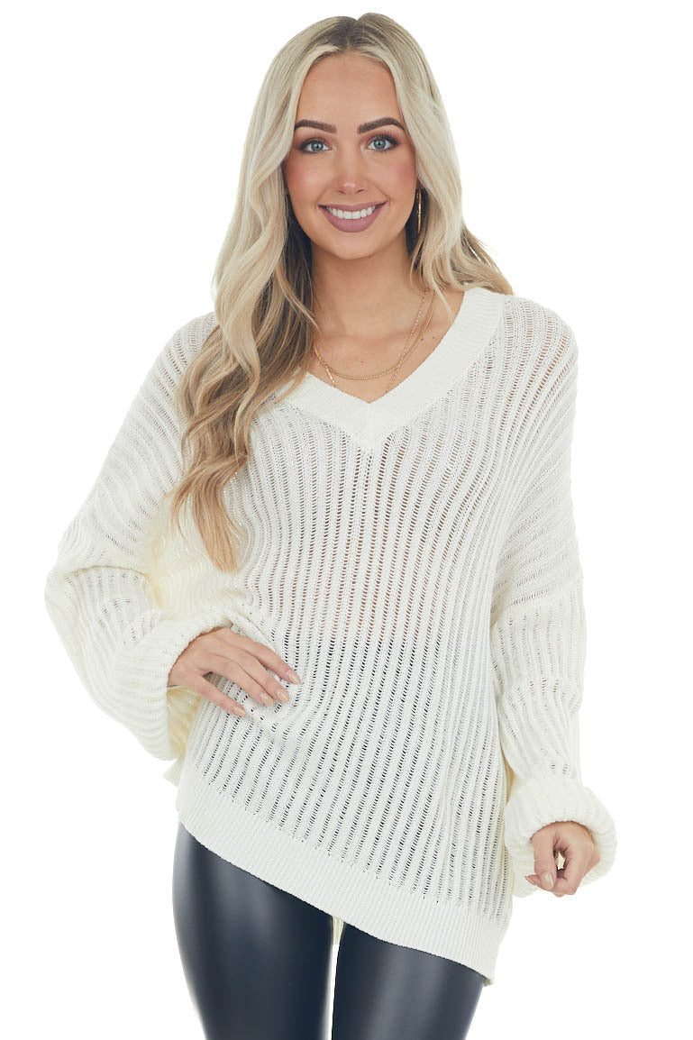 Cream V Neck Long Sleeve Ribbed Knit Sweater