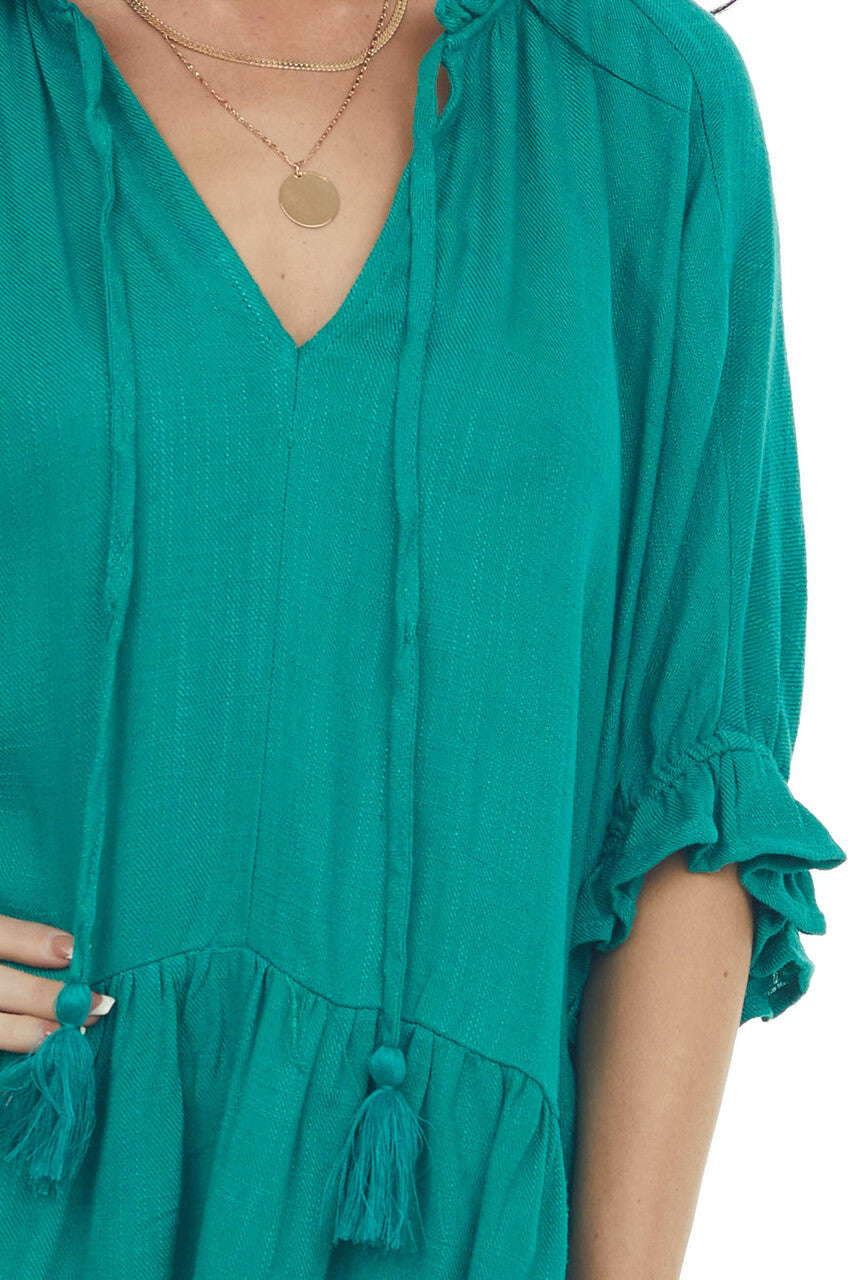 Kelly Green Textured Blouse with Ruffle Details and Neck Tie 