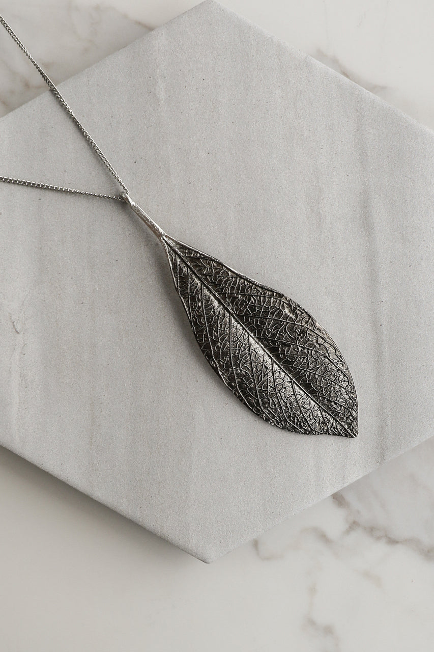 Antique Silver Long Textured Leaf Necklace