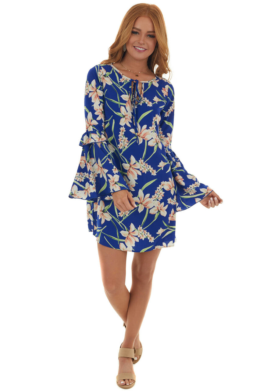 Royal Blue Floral Long Bell Sleeve Short Dress 