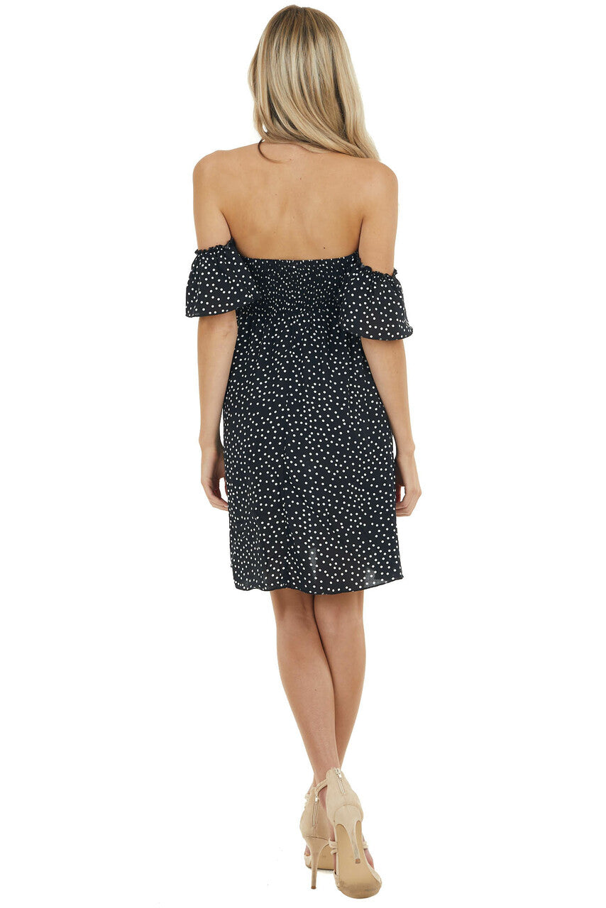 Black Polka Dot Off the Shoulder Dress with Ruching