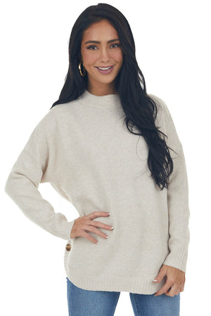 Oatmeal Crew Neck Button Detail Sweater Top