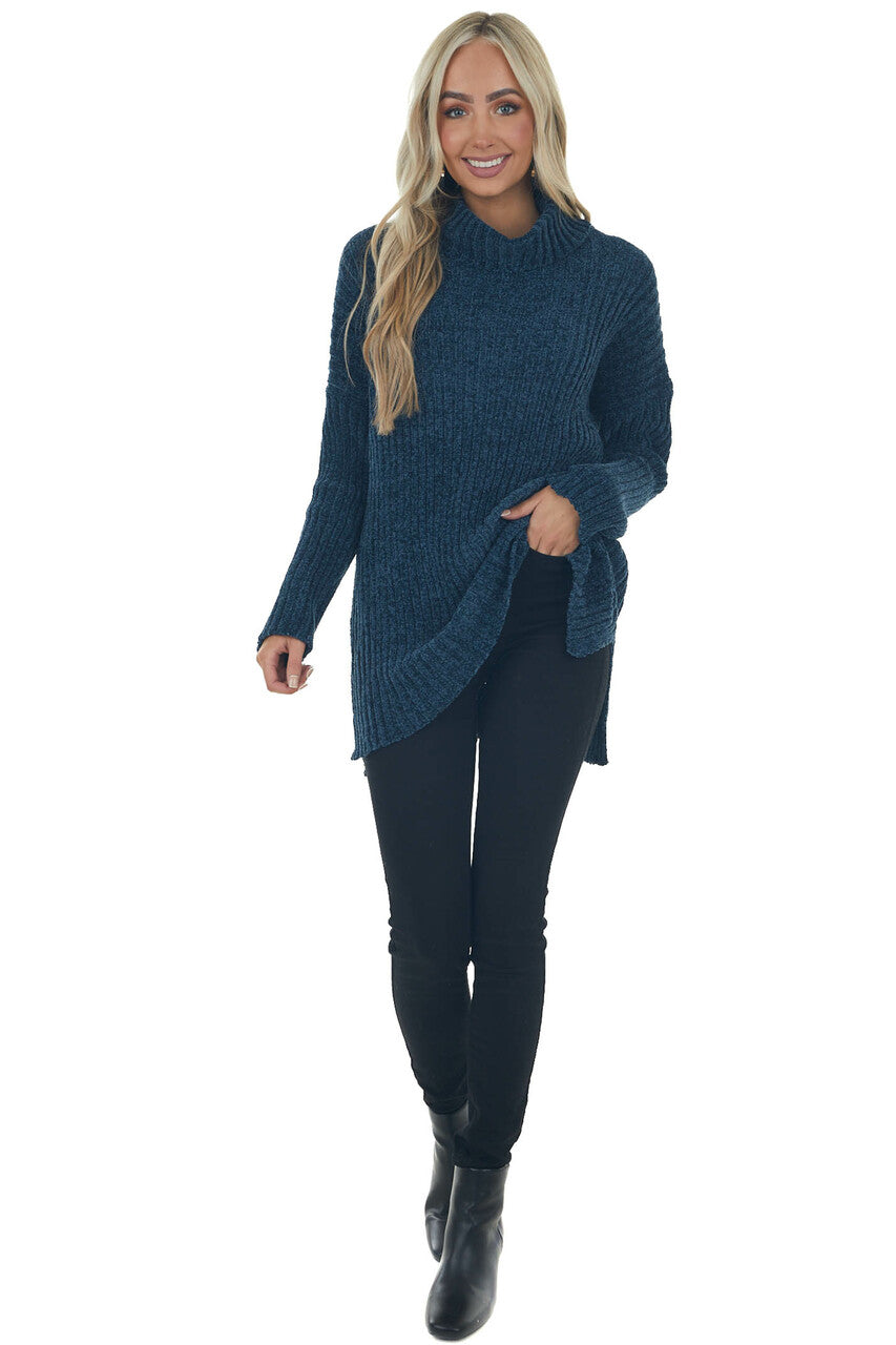 Steel Blue Chenille Ribbed Cowl Neck Sweater