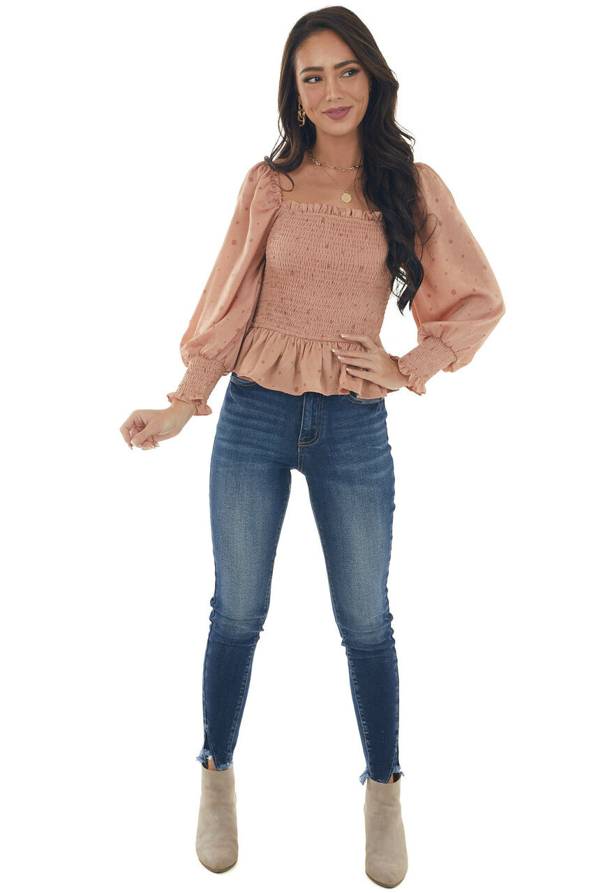 Dark Coral Dotted Smocked Bodice Peplum Blouse