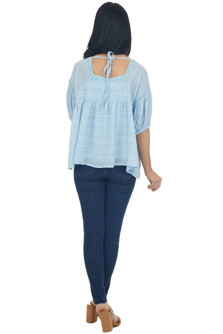 Powder Blue Babydoll Puff Sleeve Blouse with Square Neck