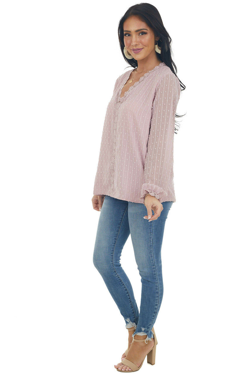 Dusty Rose Swiss Dot Blouse with Lace Details