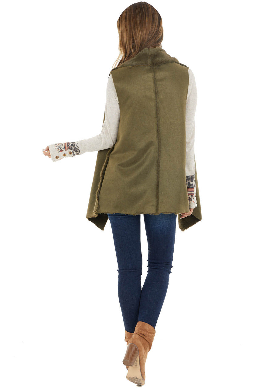 Olive Green Faux Suede Vest with Soft Faux Fur Lining