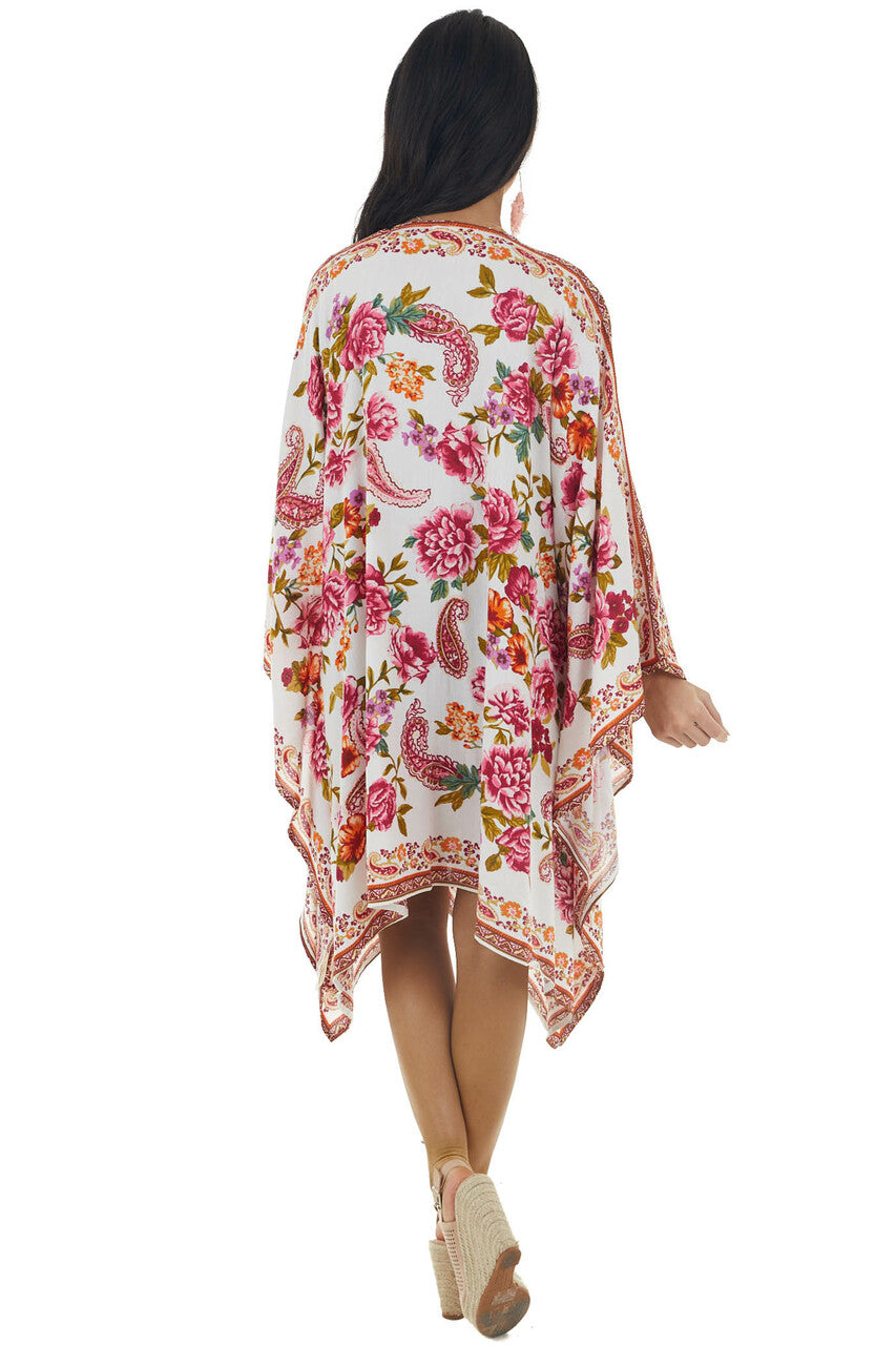 Ivory Floral and Paisley Print Lightweight Woven Open Kimono