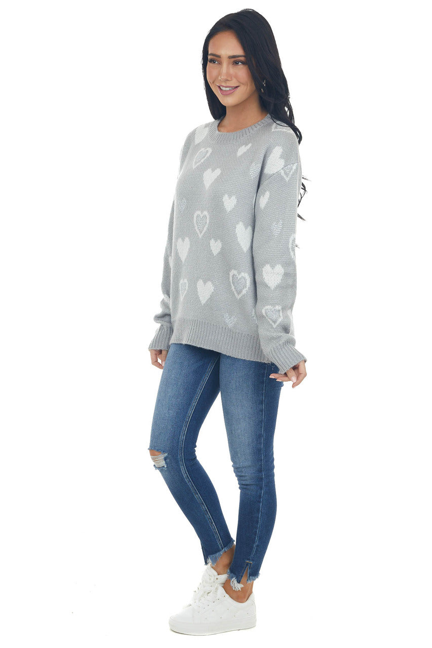 Dove Grey Heart Print Metallic Knit Sweater