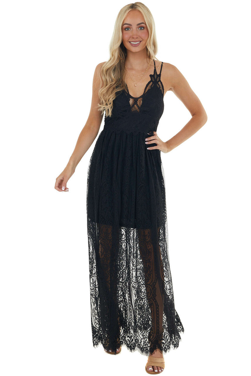 Black Lace Maxi Overlay Sleeveless Dress with Plunging Neck