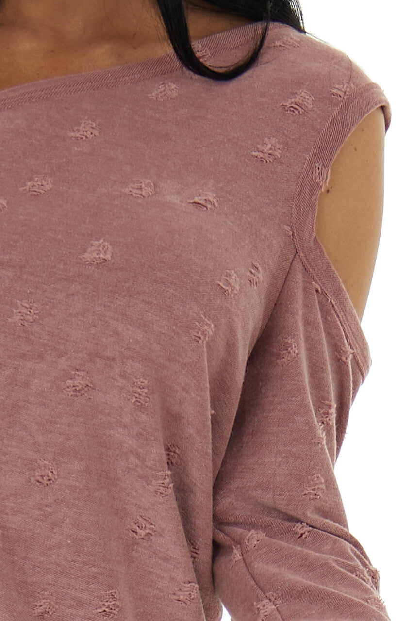 Marsala Distressed Terry Knit Cold Shoulder Top