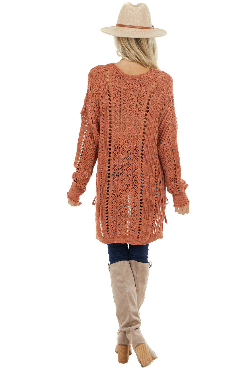 Light Tawny Crochet Knit Long Sleeve Top with Side Slits 