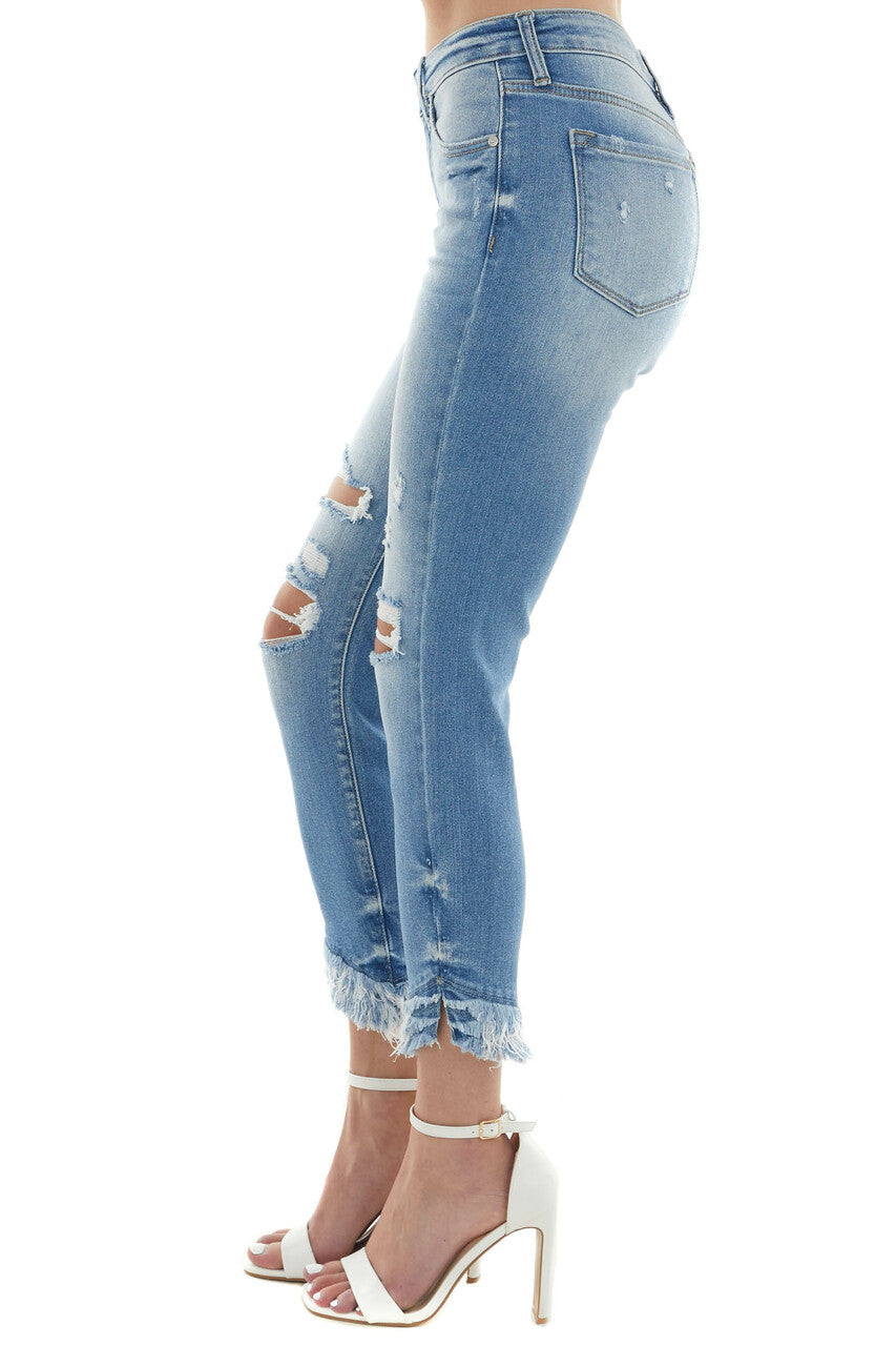 Medium Wash High Rise Tiered Frayed Hem Jeans 