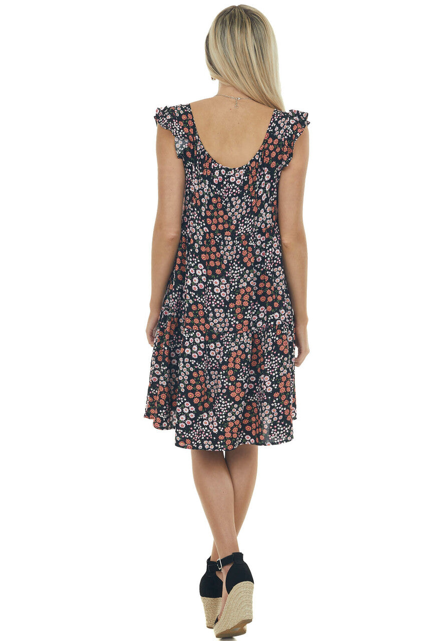 Black Floral Tiered Dress with Flutter Sleeves 