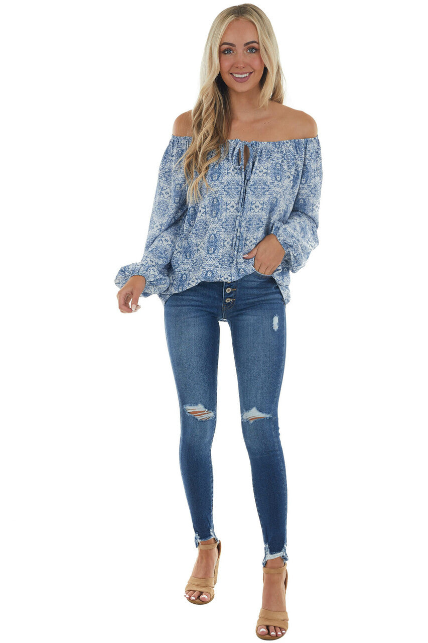 Ocean Blue Printed Off Shoulder Blouse