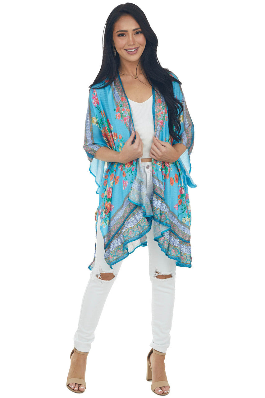 Ocean Floral Short Sleeve Open Front Kimono