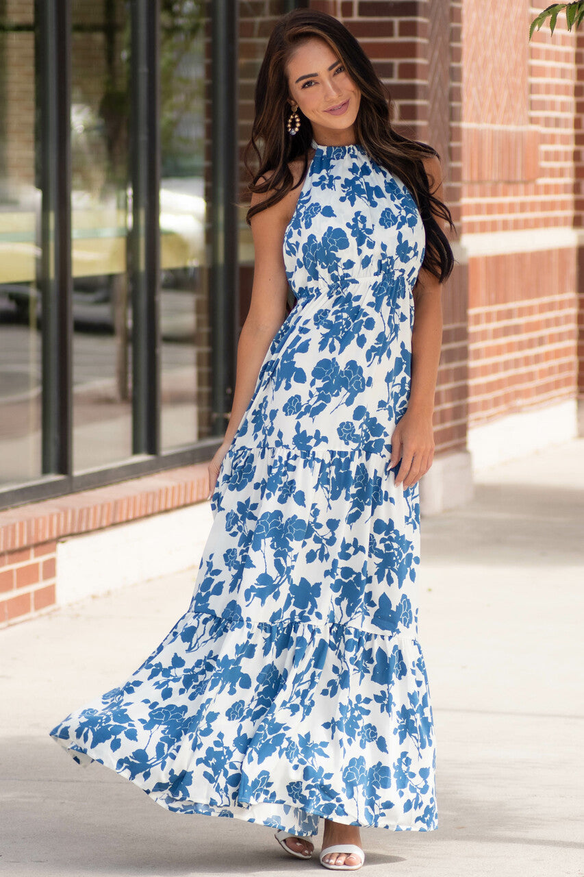Steel Blue and Ivory Floral Print Maxi Dress 