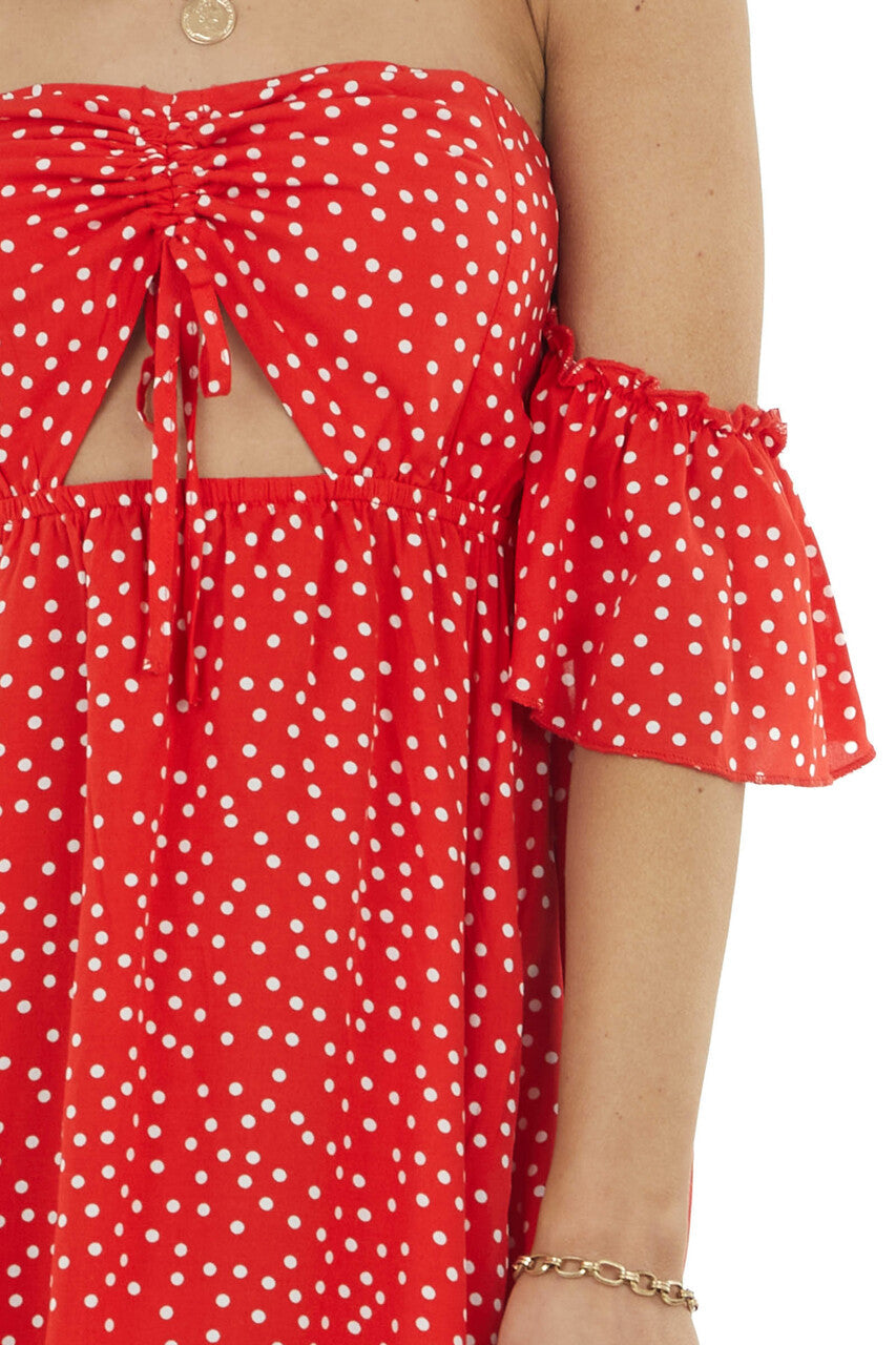 Lipstick Red Polka Dot Off the Shoulder Dress with Ruching