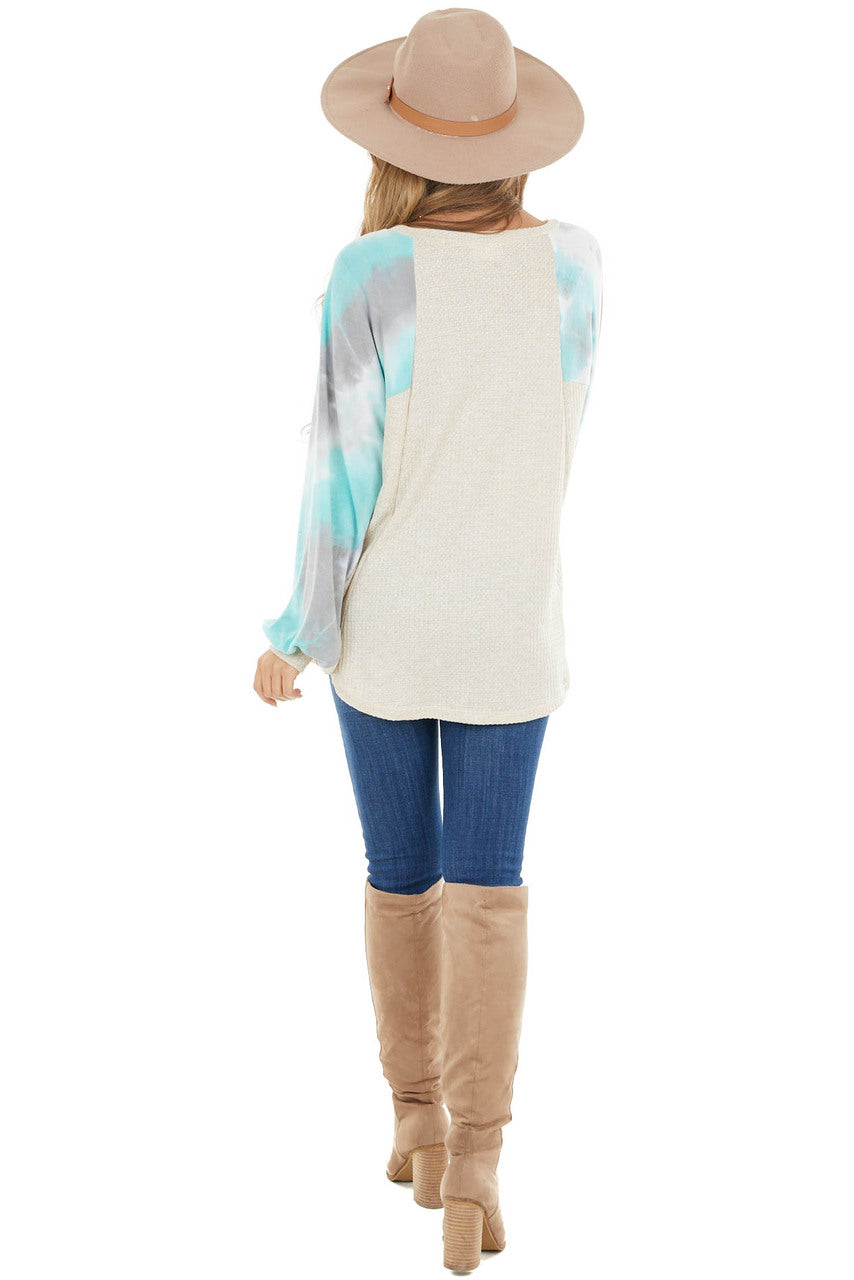 Cream Waffle Knit Long Sleeve Top with Tie Dye Detail 