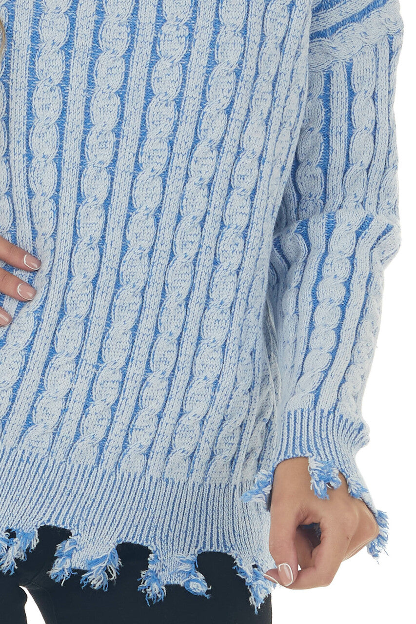 Blue Cable Knit Distressed Trim Sweater