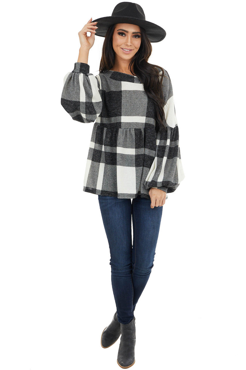 Ivory Fuzzy Buffalo Plaid Babydoll Top with Balloon Sleeves 