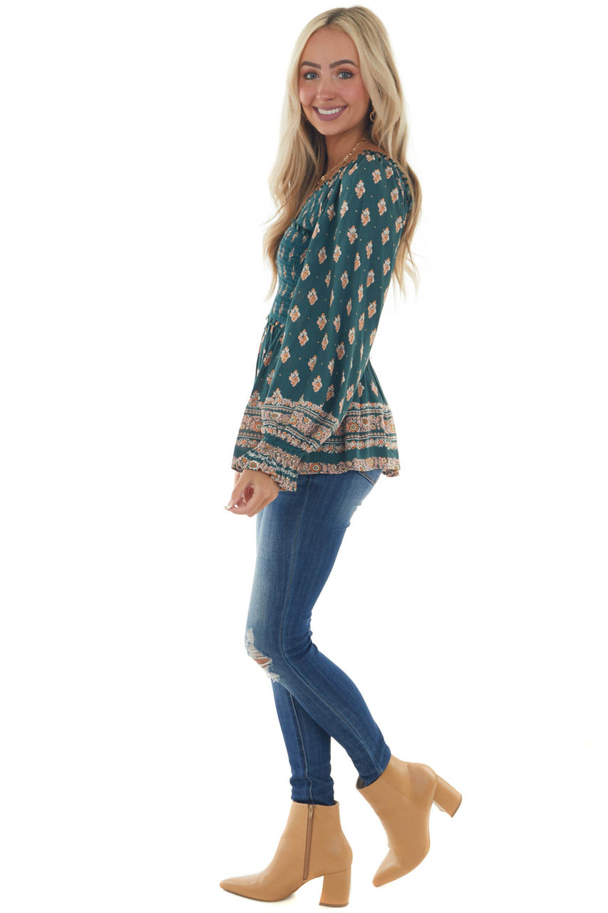 Pine Green Printed Off Shoulder Smocked Blouse