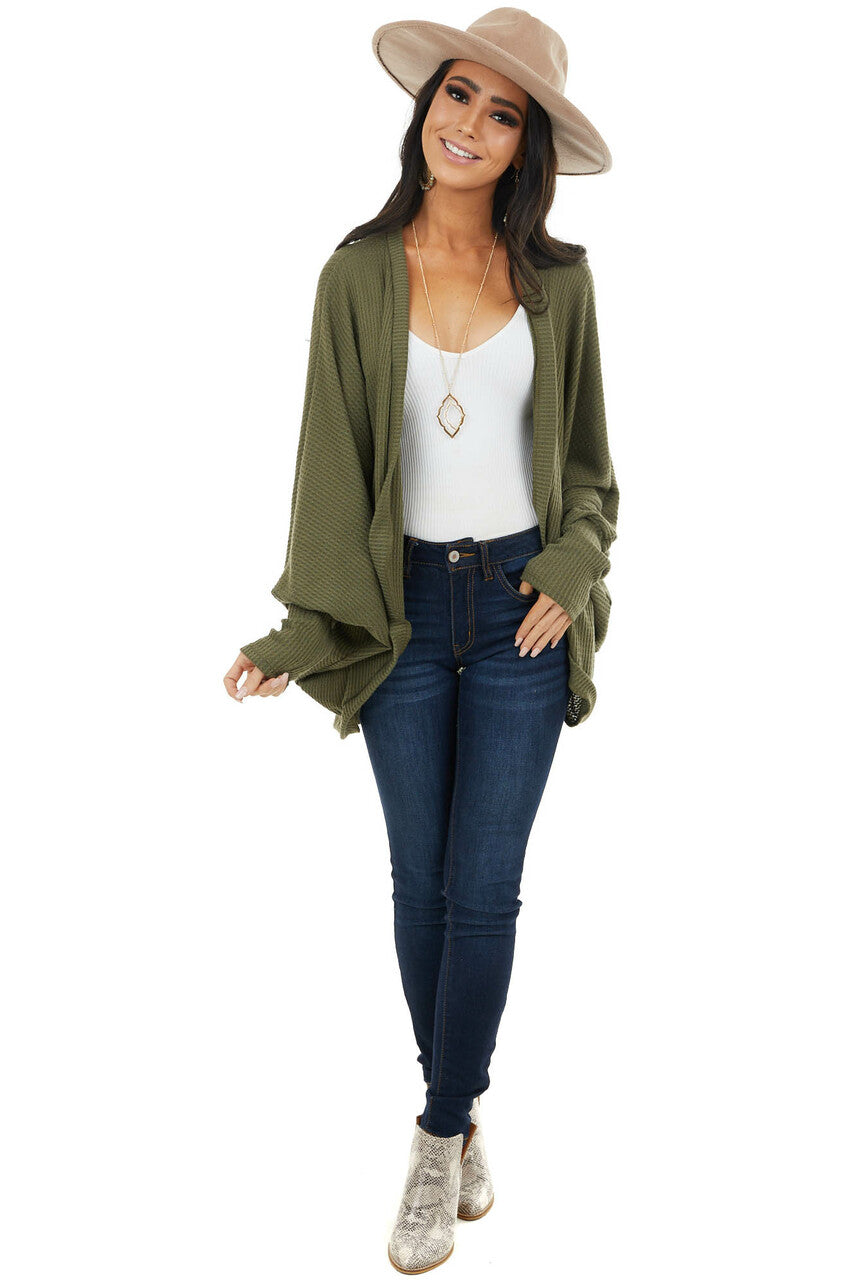 Olive Waffle Knit Open Front Cardigan with Dolman Sleeves