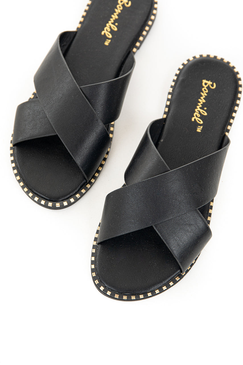 Black Criss Cross Slip On Sandals with Metallic Details 