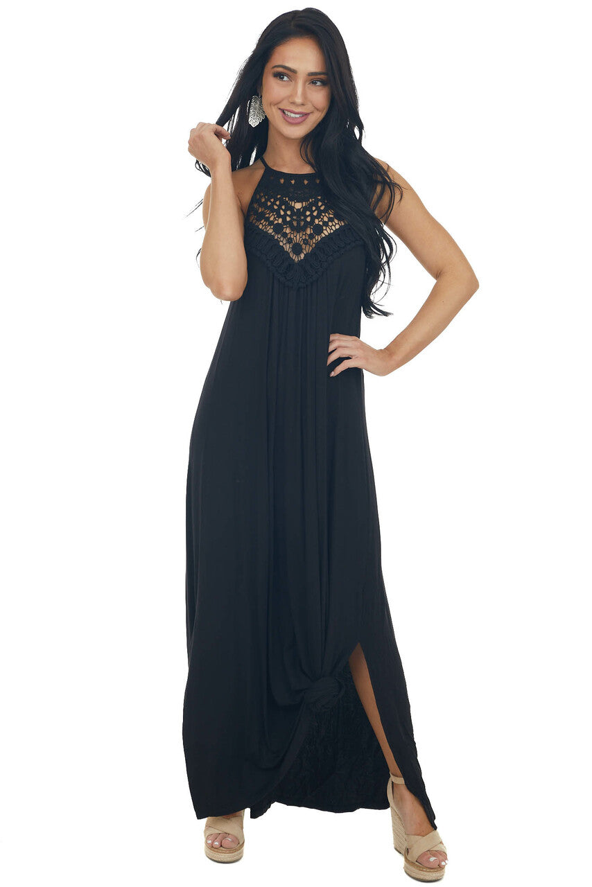 Midnight Black Sleeveless Maxi Dress with Front Lace Detail