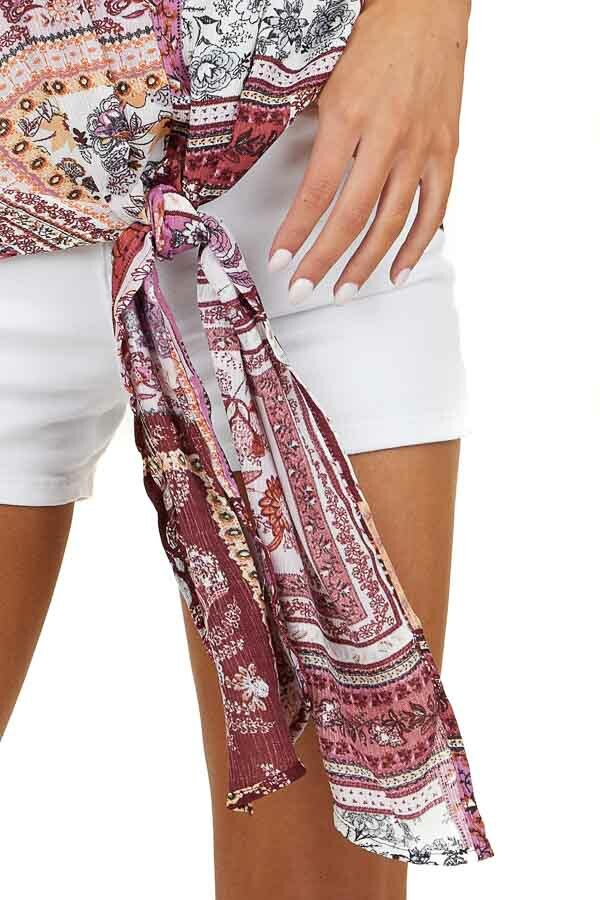 Plum Floral Multi Print Sleeveless V Neck Top with Tie 