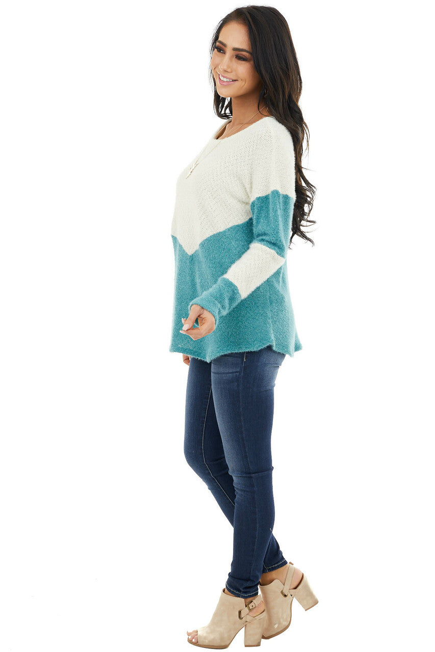 Teal and Cream Colorblock Sweater with Loose Knit Detail