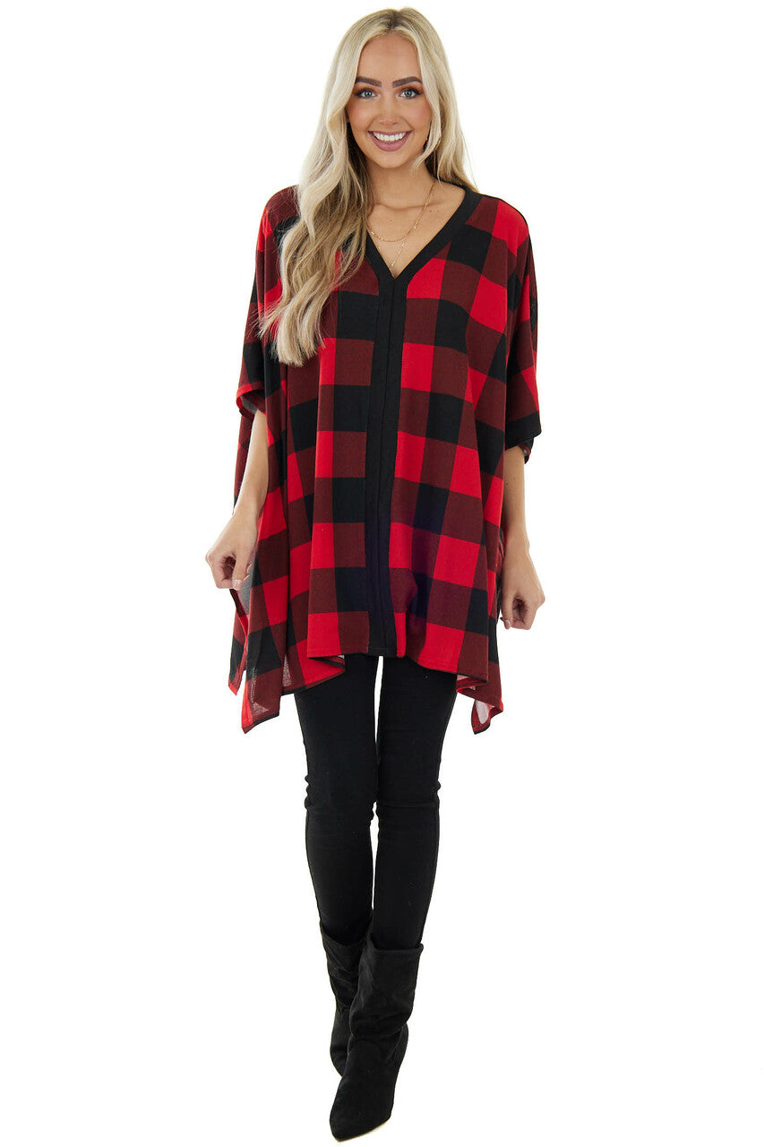 Pomegranate Buffalo Plaid V Neck Poncho Top 
