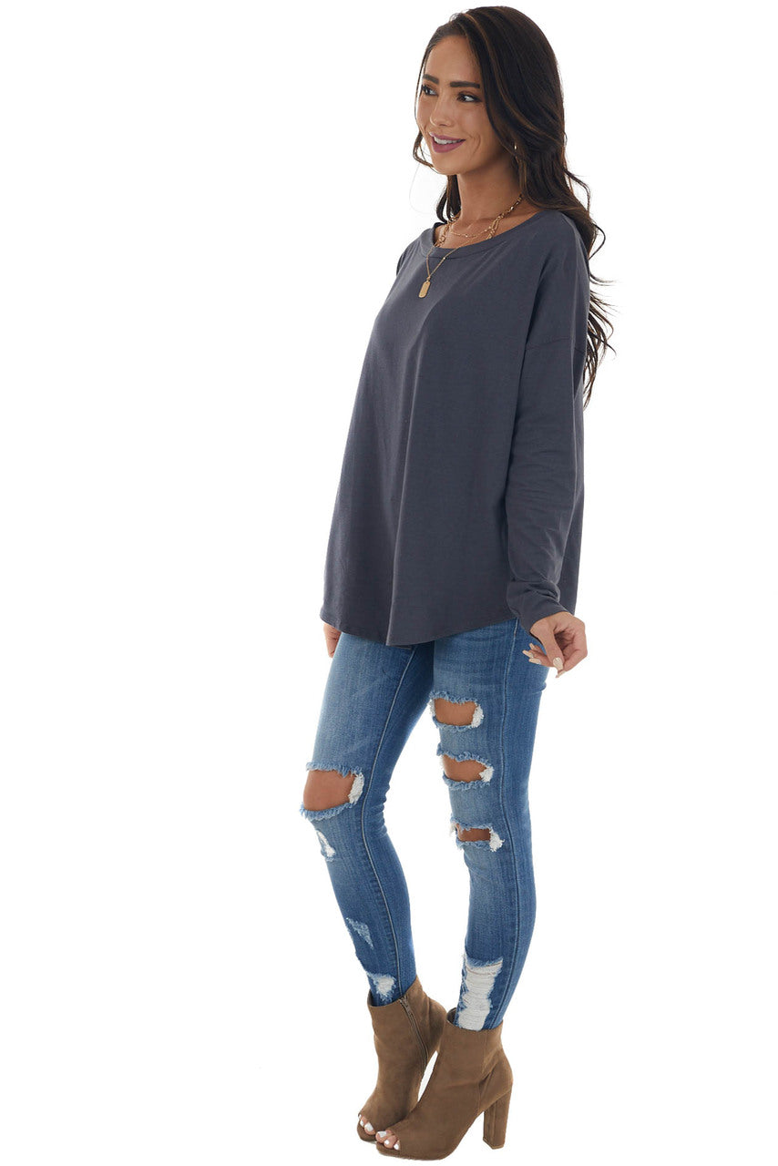 Stormy Blue Lightweight Stretchy Knit Top with Long Sleeves