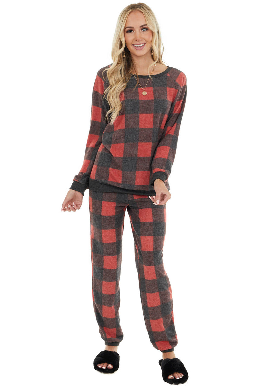 Candy Apple Red Buffalo Plaid Long Sleeve Top and Jogger Set
