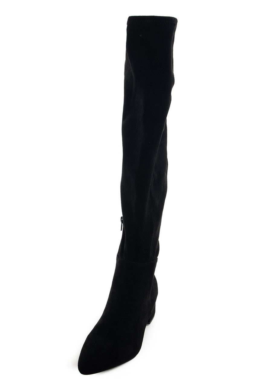 Black Faux Suede Knee High Chunky Heel Boots