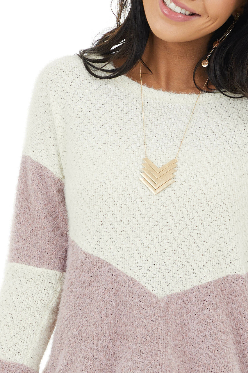 Mauve and Cream Colorblock Sweater with Loose Knit Detail 