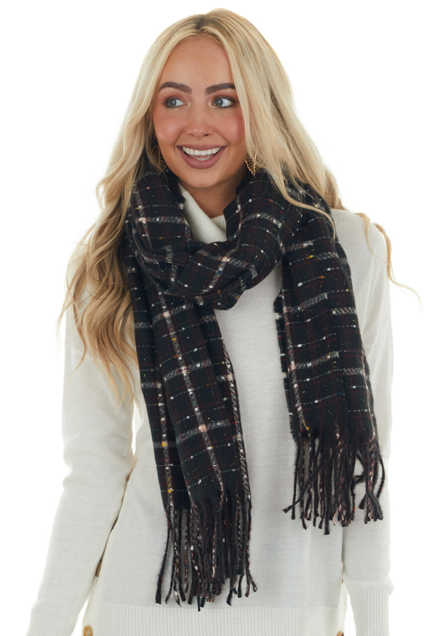 Black Plaid and Confetti Knit Scarf
