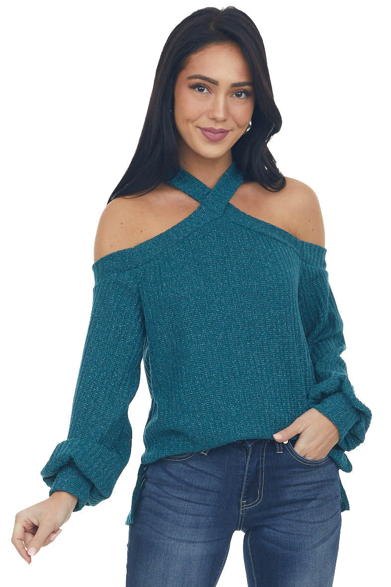 Forest Green Glittery Halter Cold Shoulder Top