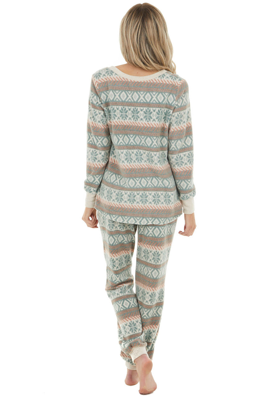 Faded Pine Green Long Sleeve Fleece Fair Isle Knit Top