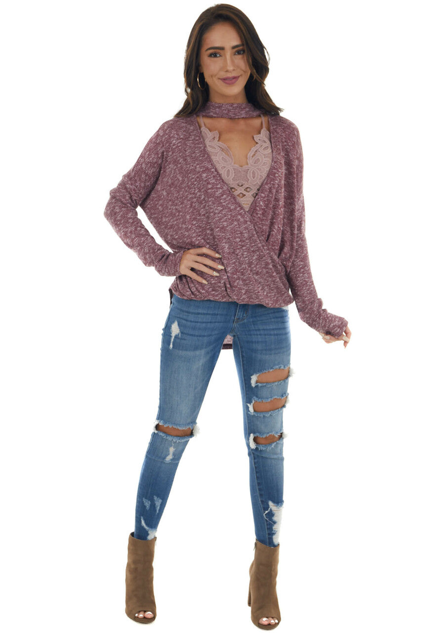Burgundy and White Surplice Knit Top with Choker Neckline 