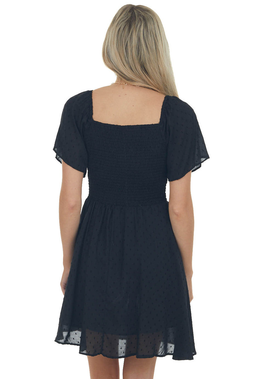 Black Swiss Dot Smocked Mini Skater Dress