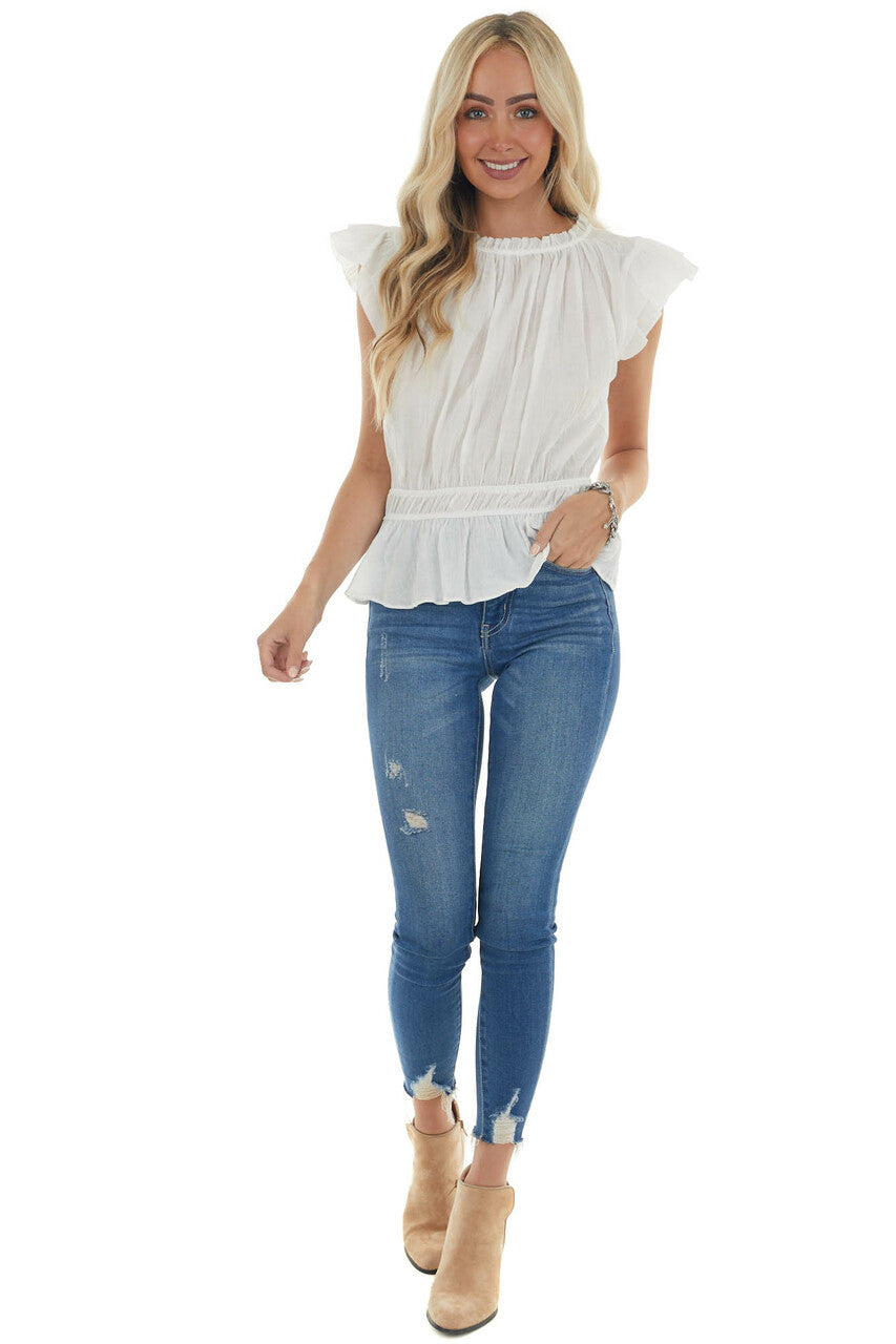 Ivory Ruffle Cap Sleeve Cinch Waist Blouse 